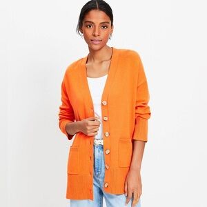 LOFT V-Neck Pocket Cardigan Sweater in Vibrant Orange